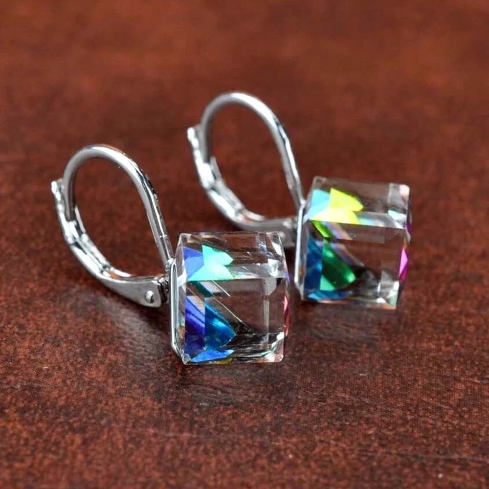 Any 4/$25! Silver Lever Back Multi-Color Crystal Cube Earrings - Picture 4 of 8